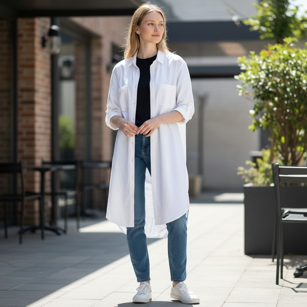 Fresh Produce White Cotton‎ Button Down Shirt Dress XL Roll Tab Sleeve Pockets
